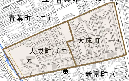 大成町とその周辺の地図。町の範囲を重ねている