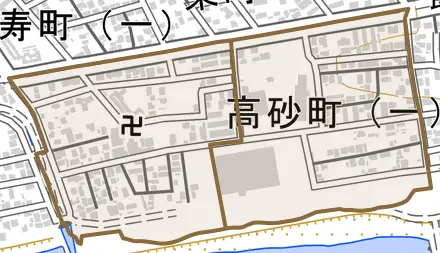 高砂町とその周辺の地図。町の範囲を重ねている