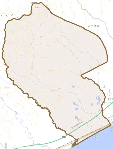 字樽前とその周辺の地図。町の範囲を重ねている