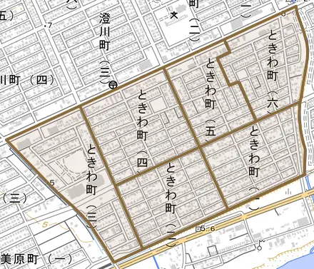 ときわ町とその周辺の地図。町の範囲を重ねている