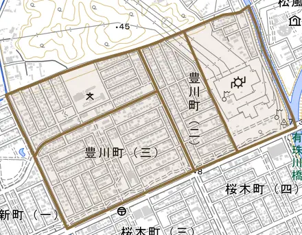 豊川町とその周辺の地図。町の範囲を重ねている