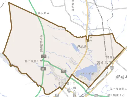 字植苗とその周辺の地図。町の範囲を重ねている
