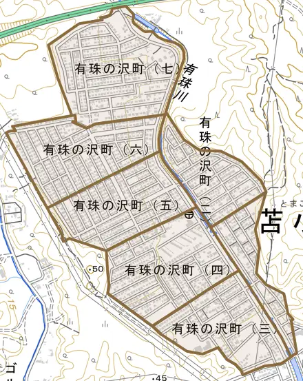有珠の沢町とその周辺の地図。町の範囲を重ねている