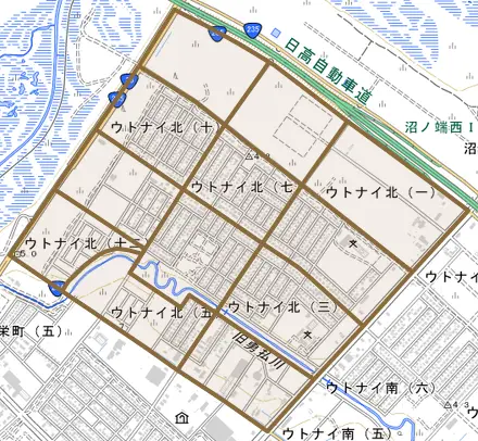 ウトナイ北とその周辺の地図。町の範囲を重ねている