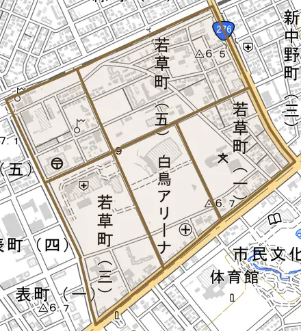 若草町とその周辺の地図。町の範囲を重ねている