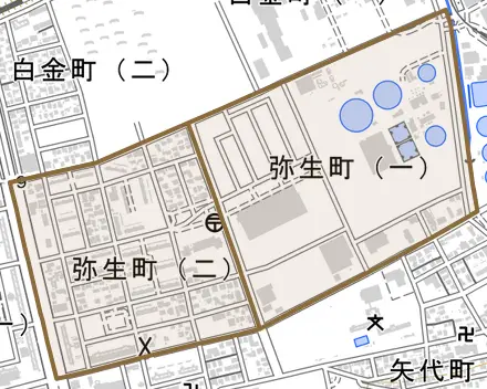 弥生町とその周辺の地図。町の範囲を重ねている