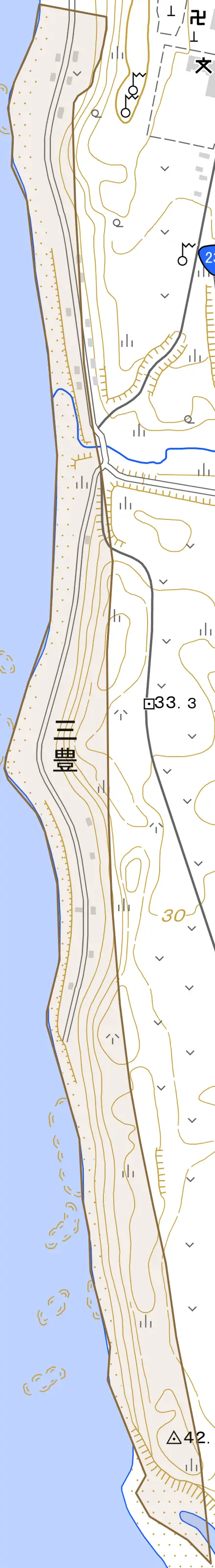 字三豊とその周辺の地図。町の範囲を重ねている