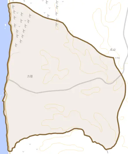 字力昼とその周辺の地図。町の範囲を重ねている