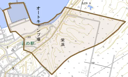 字栄浜とその周辺の地図。町の範囲を重ねている