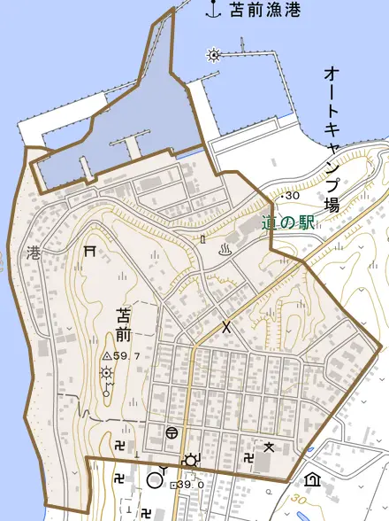 字苫前とその周辺の地図。町の範囲を重ねている