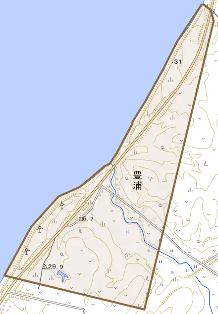 字豊浦とその周辺の地図。町の範囲を重ねている