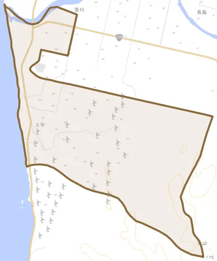 字上平とその周辺の地図。町の範囲を重ねている