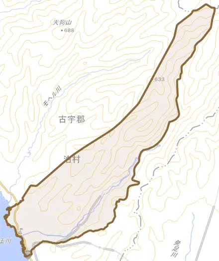 大字茅沼村とその周辺の地図。町の範囲を重ねている