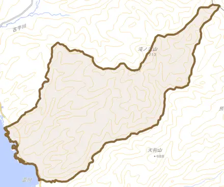 大字興志内村とその周辺の地図。町の範囲を重ねている