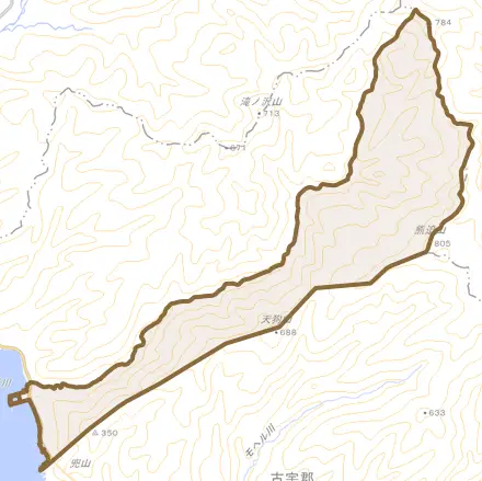 大字盃村とその周辺の地図。町の範囲を重ねている