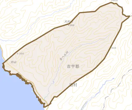 大字泊村とその周辺の地図。町の範囲を重ねている
