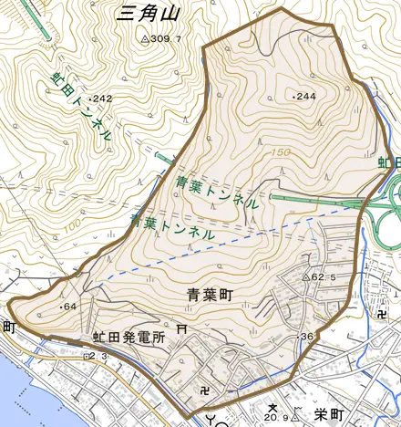 青葉町とその周辺の地図。町の範囲を重ねている