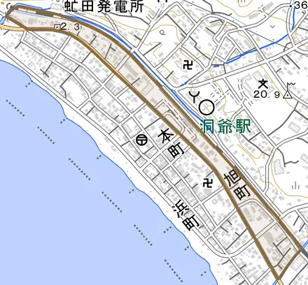 旭町とその周辺の地図。町の範囲を重ねている