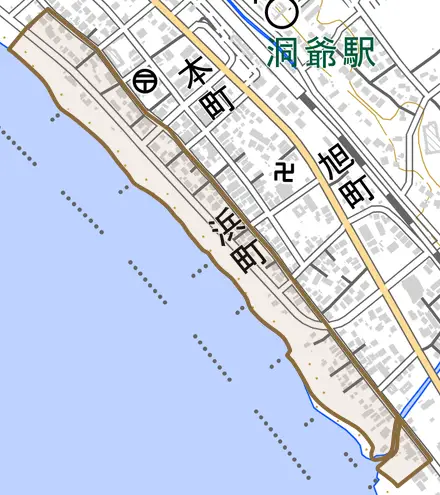 浜町とその周辺の地図。町の範囲を重ねている