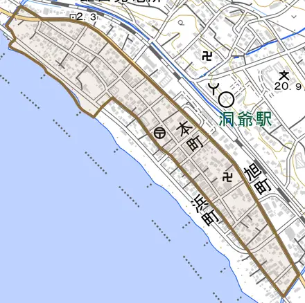 本町とその周辺の地図。町の範囲を重ねている