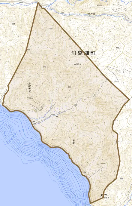 岩屋とその周辺の地図。町の範囲を重ねている