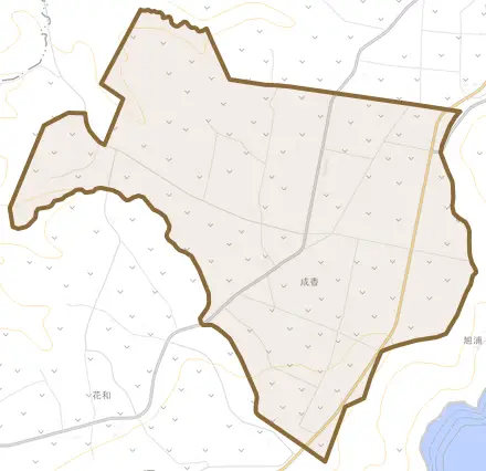 成香とその周辺の地図。町の範囲を重ねている