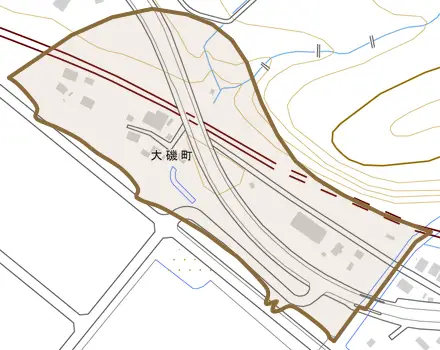 大磯町とその周辺の地図。町の範囲を重ねている