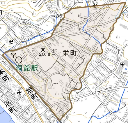 栄町とその周辺の地図。町の範囲を重ねている