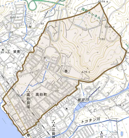 高砂町とその周辺の地図。町の範囲を重ねている