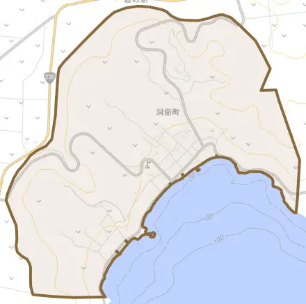 洞爺町とその周辺の地図。町の範囲を重ねている