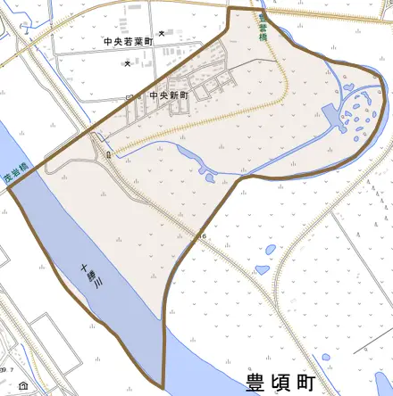 中央新町とその周辺の地図。町の範囲を重ねている