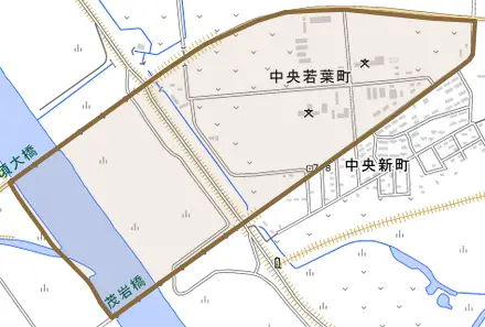 中央若葉町とその周辺の地図。町の範囲を重ねている
