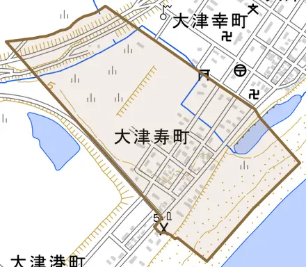 大津寿町とその周辺の地図。町の範囲を重ねている