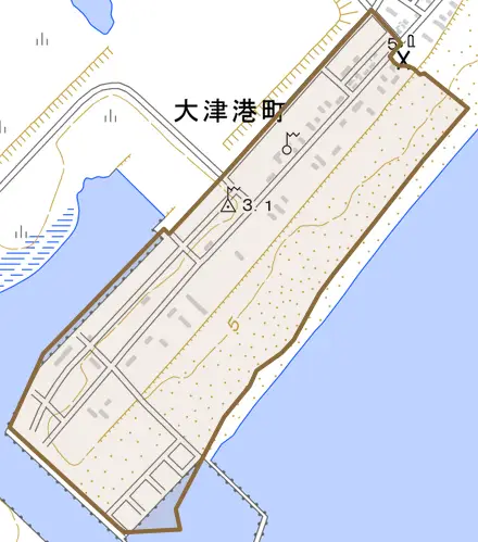 大津港町とその周辺の地図。町の範囲を重ねている