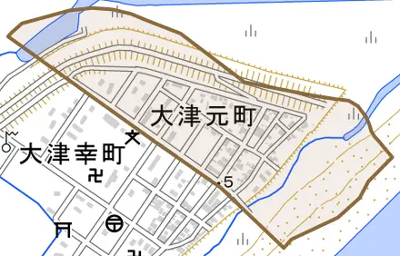大津元町とその周辺の地図。町の範囲を重ねている