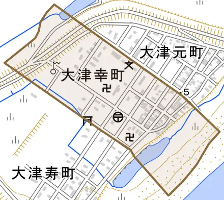 大津幸町とその周辺の地図。町の範囲を重ねている