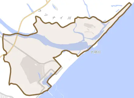 打内とその周辺の地図。町の範囲を重ねている