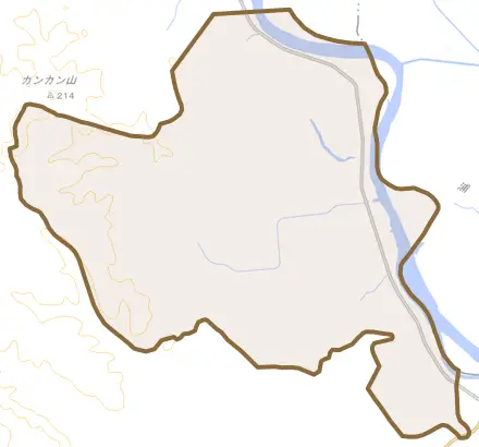 旅来とその周辺の地図。町の範囲を重ねている
