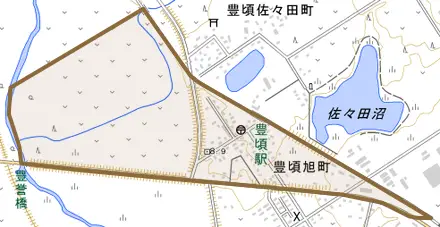 豊頃旭町とその周辺の地図。町の範囲を重ねている