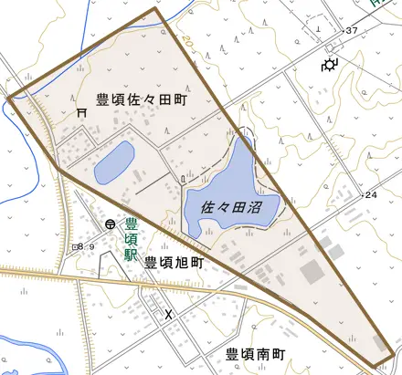 豊頃佐々田町とその周辺の地図。町の範囲を重ねている