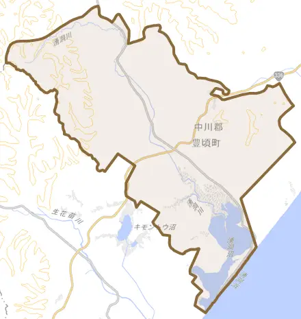 湧洞とその周辺の地図。町の範囲を重ねている