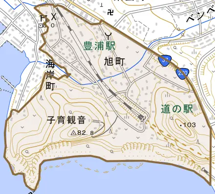 字旭町とその周辺の地図。町の範囲を重ねている