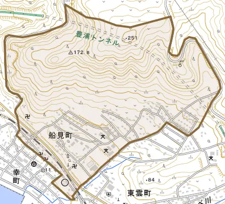 字船見町とその周辺の地図。町の範囲を重ねている