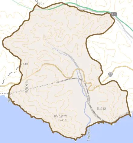 字礼文華とその周辺の地図。町の範囲を重ねている
