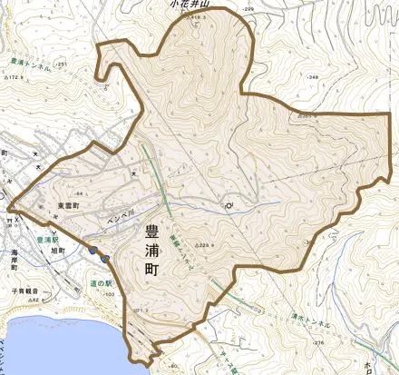 字東雲町とその周辺の地図。町の範囲を重ねている