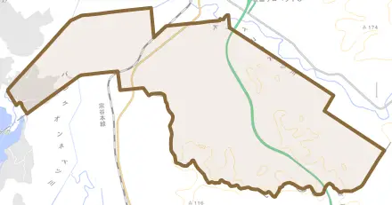 字新生とその周辺の地図。町の範囲を重ねている