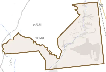 字落合とその周辺の地図。町の範囲を重ねている