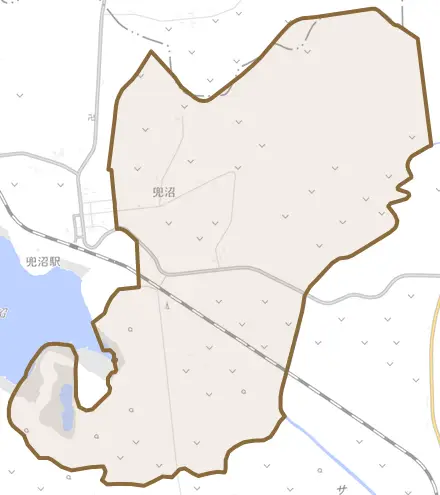 字兜沼東とその周辺の地図。町の範囲を重ねている