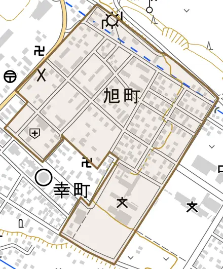 字旭町とその周辺の地図。町の範囲を重ねている