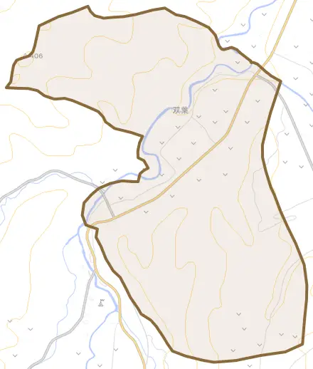 字双葉とその周辺の地図。町の範囲を重ねている